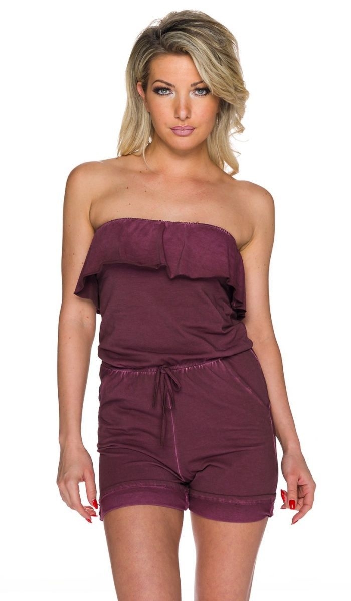 Cooler Overall mit Carmen-Ausschnitt und leichtem Used-Look - deep purple